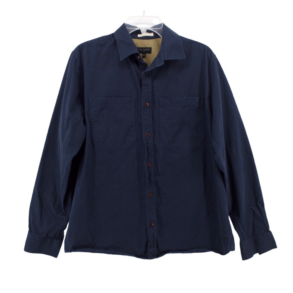 Ted Baker Shirt Mens 4 Large Navy Blue Almur Cotton Long Sleeve Button Up Work